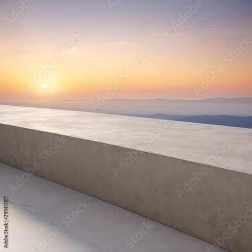 A man sitting on a ledge looking at the sunset, Front view of a smooth polished concrete architectural ledge against a soft gradient sunset sky