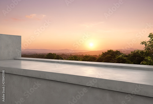 A view of a sunset from a balcony, Front view of a smooth polished concrete architectural ledge against a soft gradient sunset sky