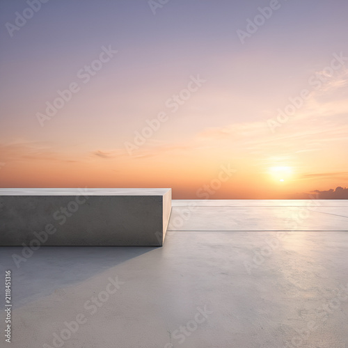 A bench sitting on a concrete floor at sunset, Front view of a smooth polished concrete architectural ledge against a soft gradient sunset sky