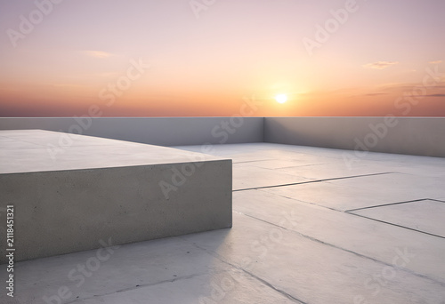 A concrete bench on a roof with the sun setting in the background, Front view of a smooth polished concrete architectural ledge against a soft gradient sunset sky
