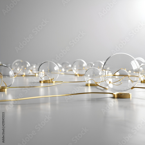 A group of glass spheres on a table, 3D rendering of an abstract data visualization concept