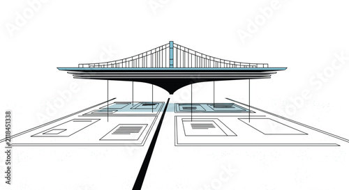 Canvastavla Abstract architectural conceptual drawing showing a suspension bridge design above several paper documents on a flat perspective