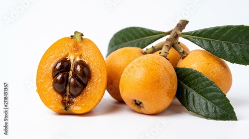 Fresh ripe loquat fruits with leaves and one sliced fruit display