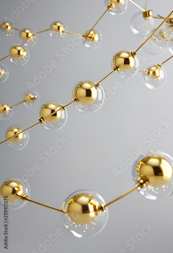 A bunch of shiny gold balls hanging from a string, 3D rendering of an abstract data visualization concept
