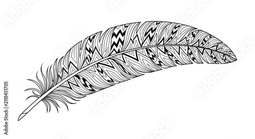 Highly detailed black and white feather illustration with intricate geometric and tribal patterns for coloring books or art projects.