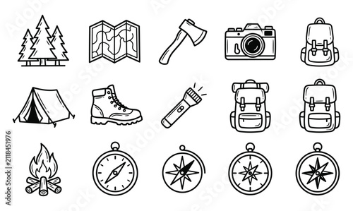 Set of hand drawn camping and hiking equipment icons for outdoor adventure and travel design elements