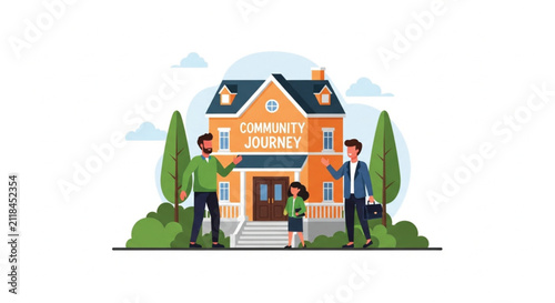 Modern Flat Illustration of a Man Standing in Front of His House with a Tree and Clouds