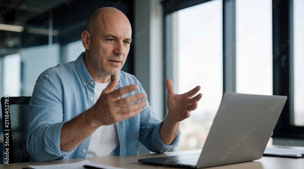 Fototapeta premium Bald man in blue shirt gestures with hands during laptop video call. He explains ideas, communicates online while working in modern office space. Man talks seriously to webcam during virtual meeting.
