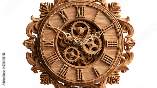 Wooden cuckoo clock with visible gears and Roman numeral dial, isolated on white background