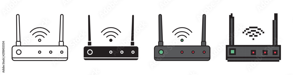 Fototapeta premium Wi-Fi router icon set in line art with editable stroke, solid glyph, color fill, and pixel art styles. Wireless internet connection vector symbol isolated on white background. School concept.