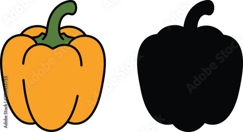 Bell Pepper Vector Icon, Orange Capsicum Vegetable Flat Illustration with Black Silhouette, Fresh Paprika Food Symbol