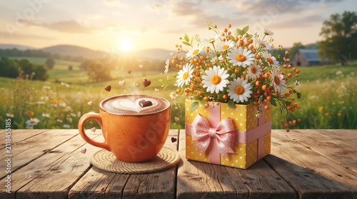 Coffee Cup with Latte Art and Gift Box on Wooden Table in Sunny Field