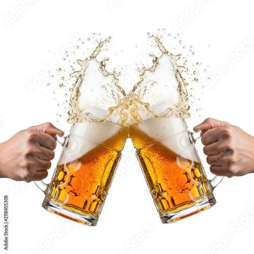 ultra-detailed macro shot of two hands clinking heavy dimpled steins filled with golden lager, capturing the dynamic eruption of foam and droplets on white. concept for beverage advertising