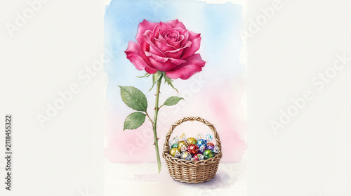 Pink Rose and Basket of Candies Watercolor Illustration
