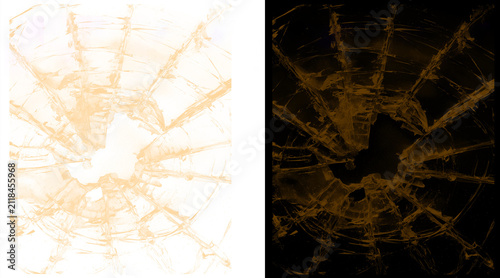 Foto Shattered glass texture with radial cracks, broken window pane effect on white a
