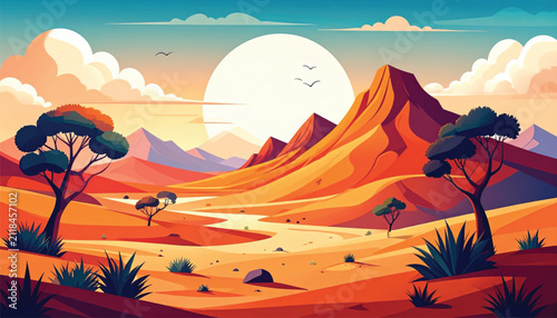 Vibrant Desert Landscape at Sunset with Silhouette Trees and Agave Plants