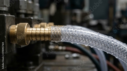 Close up view of industrial braided clear hose connected to a metal fitting.