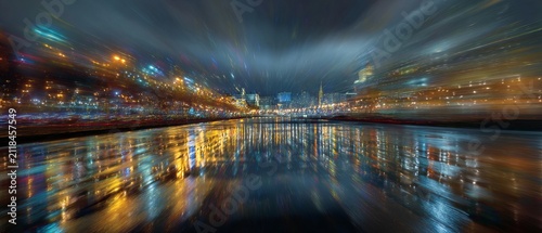 Abstract Cityscape Reflection on Water at Night with Motion Blur.