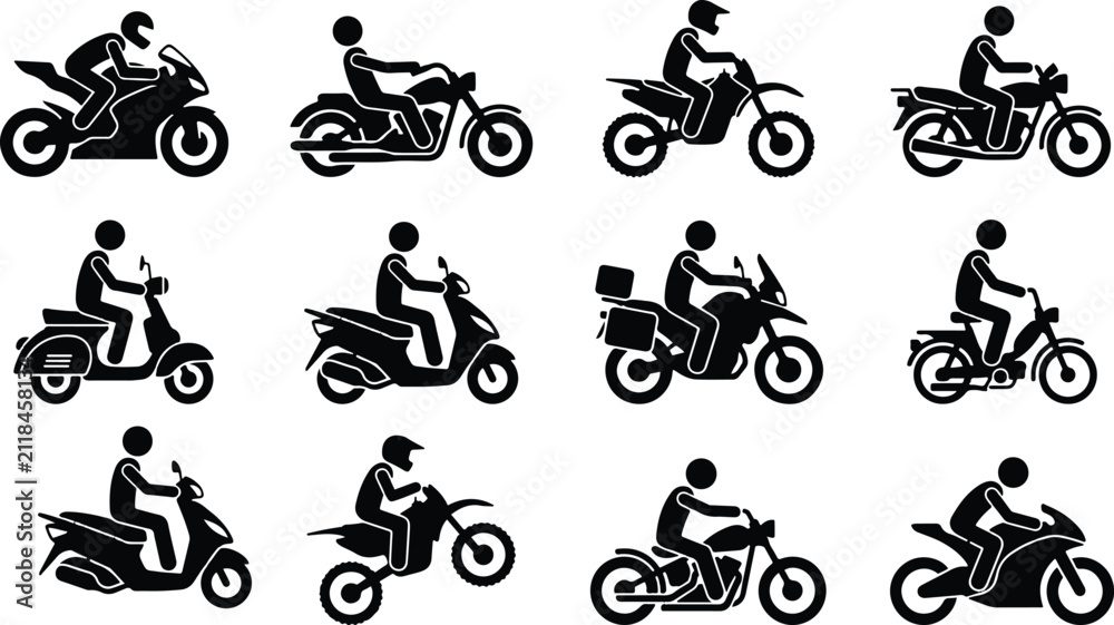 Naklejka premium A collection of black silhouette icons representing various types of motorcycles and riders isolated on a plain white background for design