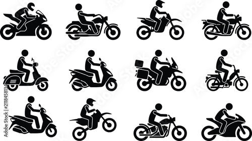 Foto A collection of black silhouette icons representing various types of motorcycles