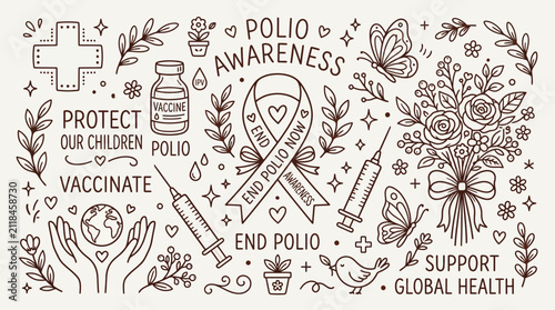 Obraz na plátně A detailed doodle illustration promoting Polio Awareness, featuring vaccine vials, syringes, a ribbon with 'End Polio Now', medical cross, and global health support elements
