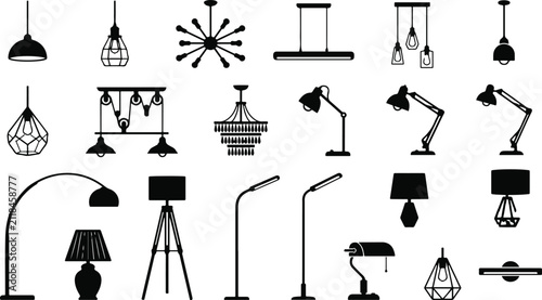 Fotografie A collection of various interior lighting fixtures including pendant lamps chand