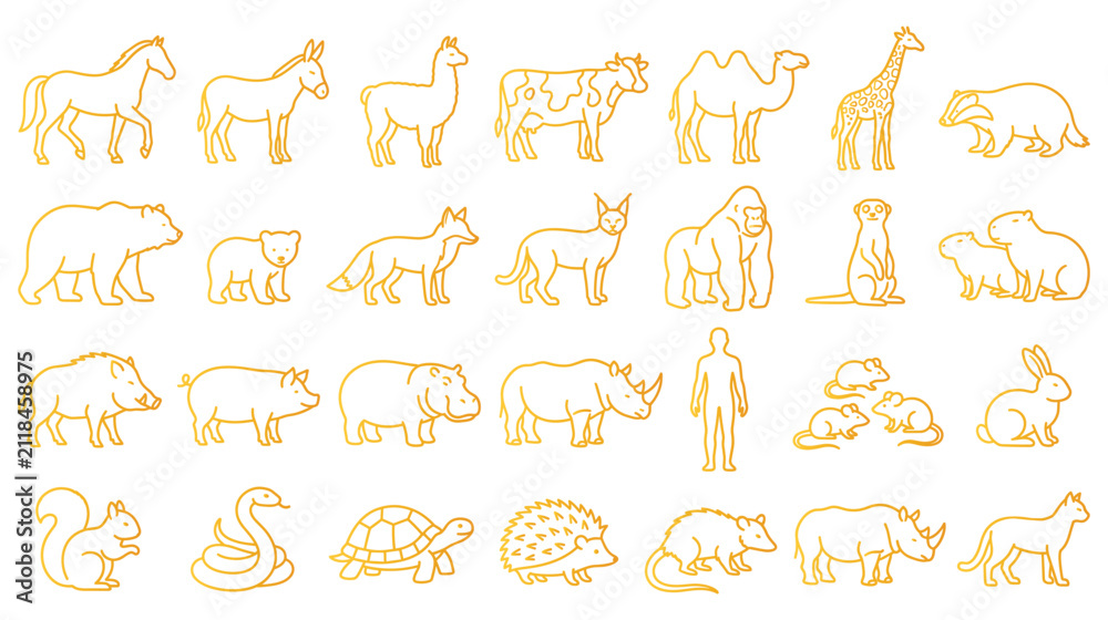 Obraz premium Set of various wild and domestic animal icons featuring mammals reptiles and rodents line.