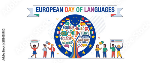 Diverse Children Celebrate Multilingualism Tree of Greetings