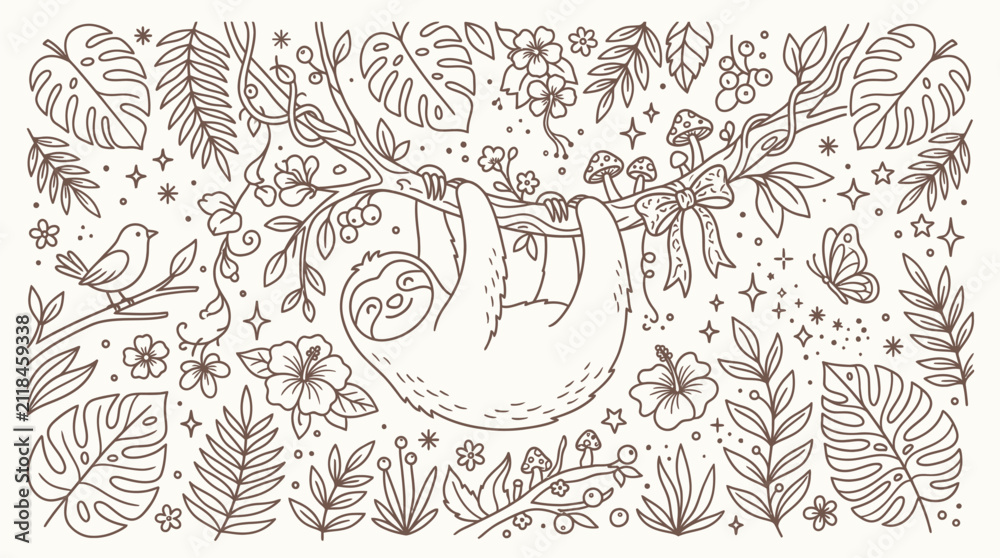 Fototapeta premium Whimsical illustration of a cute sloth hanging from a tree branch surrounded by lush tropical foliage, flowers, and small creatures.