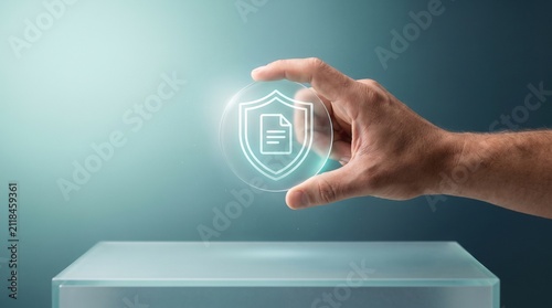 Hand holding digital shield hologram. Cyber security concept for data protection and privacy.