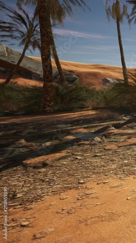 A desert scene shows palm trees swaying in the breeze. The sand dunes rise in the background under a clear sky. Shadows stretch across the ground as the sun sets, creating a warm glow.