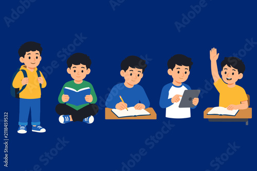 Student Character Pose Set Reading Writing Using Tablet and Raising Hand Vector
