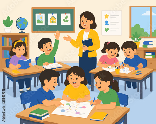 Classroom Activity with Teacher and Children Learning Together Vector Illustration