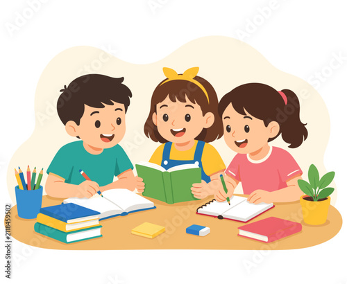 Kids Learning Together at Desk with Books and Pencils Vector Illustration