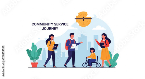 Vector Illustration of Woman Walking with Tablet, Representing Community Service Journey and Urban Life