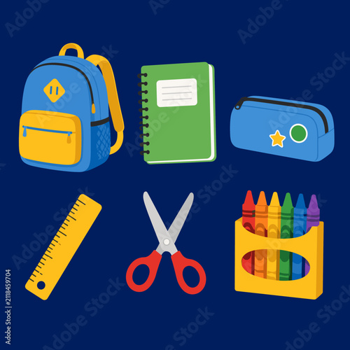 School Supplies Icon Pack with Backpack Notebook Pencil Case Ruler Scissors and Crayons Vector