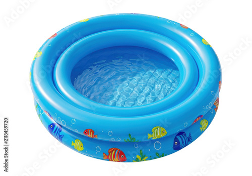 vibrant blue inflatable three-ring children's pool patterned with cartoon fish and clear rippled water, aerial view on transparent, high-key lighting, concept for summer recreation product