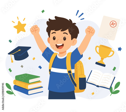 Happy Student Celebrating School Success with Trophy and Books Vector Illustration