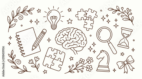 A whimsical doodle illustration featuring a brain, lightbulb, puzzle pieces, notebook, pencil, magnifying glass, hourglass, chess piece, and floral elements, symbolizing creativity and intellect.