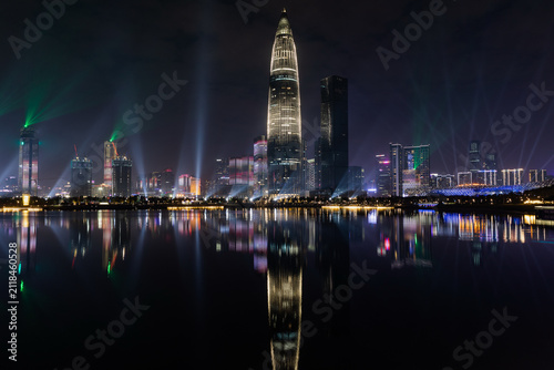 Canvastavla Shenzhen Skyline Night Reflection with Illuminated Modern Skyscrapers