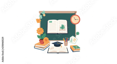 Whimsical Classroom Decor with Smiling Sunflowers, Books, and Chalkboard Elements