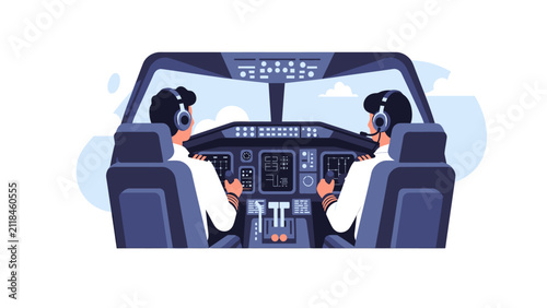 Airline Pilots Operating Controls in Airplane Cockpit Flat Vector Illustration