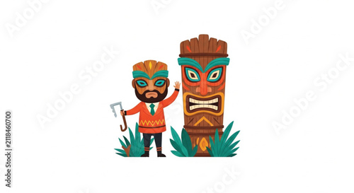 Whimsical Tiki Man in Suit Holding a Tool Amidst Tropical Foliage