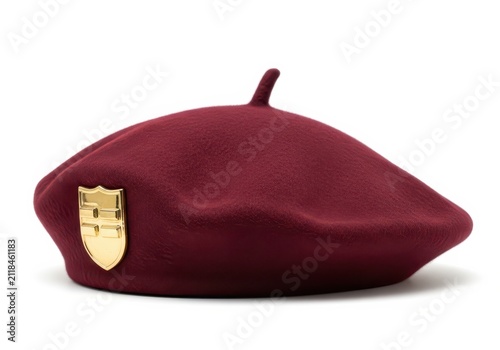 Maroon Burgundy Wool Felt Beret Hat with Gold Shield Emblem Isolated on White Background - Military Style Fashion Accessory