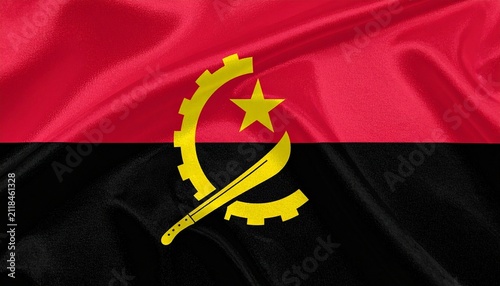 Angolan flag with red and black bands, yellow emblem of gear, machete, and star, symbolizing struggle, progress, unity, resilience…