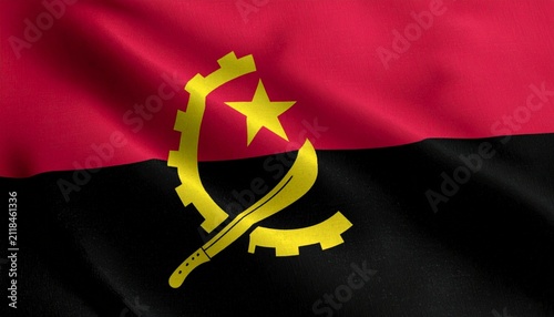 Angolan flag with red and black bands, yellow emblem of gear, machete, and star, symbolizing struggle, progress, unity, resilience…