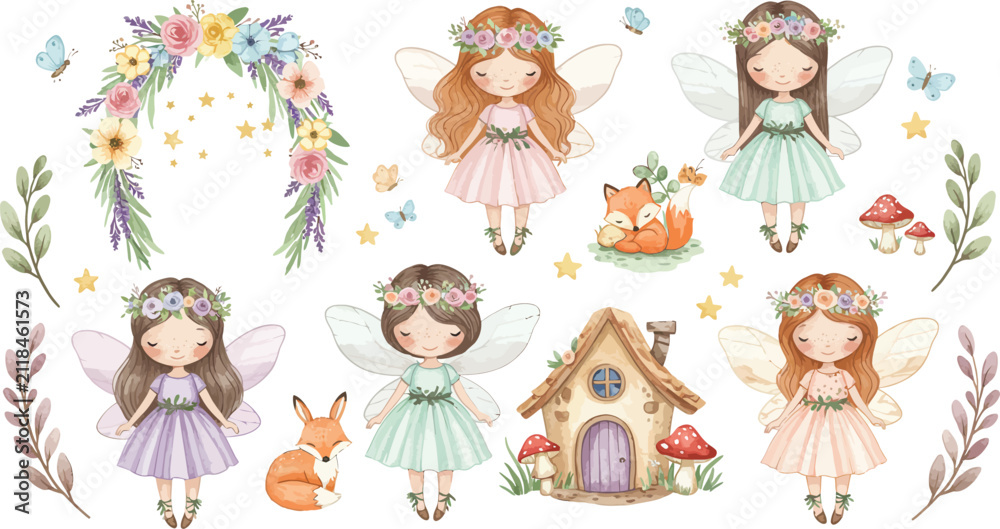 Fototapeta premium A collection of cute watercolor fairy illustrations featuring magical woodland creatures floral arches and a tiny whimsical house on white background