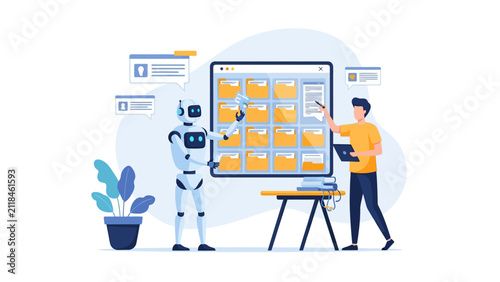 AI Robot and Human Collaborating on Digital File Management and Data Organization Illustration