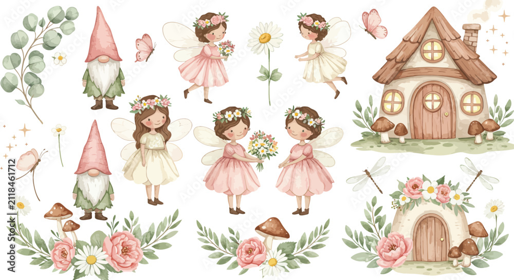 Fototapeta premium Watercolor collection of cute fairy girls garden gnomes and magical woodland houses with floral elements isolated on a white background for design