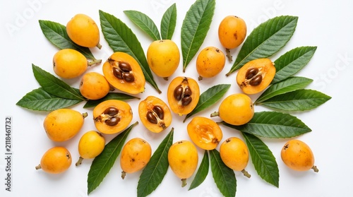 Composition of fresh loquats with leaves on white background